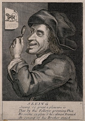 A man looking through a magnifying glass at a picture of a monkey, whose flatulence extinguishes the flame of a candle; representing the pleasures of the sense of sight. Engraving, 17--.