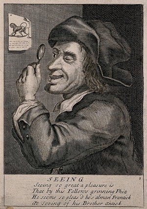 view A man looking through a magnifying glass at a picture of a monkey, whose flatulence extinguishes the flame of a candle; representing the pleasures of the sense of sight. Engraving, 17--.