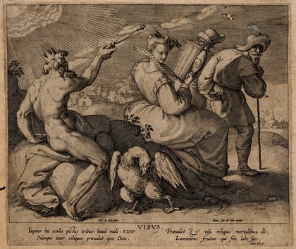 Jupiter waves a wand at a woman looking at herself in a mirror, while a travelling merchant of spectacles and a blind man walk by; allegory of the conscientious use of sight. Engraving by P. de Jode.