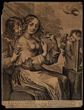 A man behind a woman who is combing her hair; representing the sense of sight. Engraving.