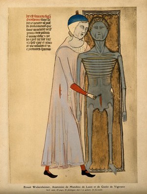 view The dissection of an emaciated, grey cadaver by an anatomist who is making an abdominal incision with a scalpel with his right hand while his left hand is placed on the cadaver's hip. Colour process print, 1926, after a manuscript illustration, 1345.