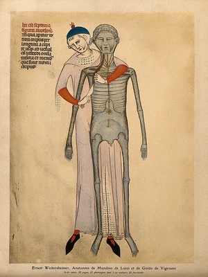 view An anatomist making an incision from the neck through the upper ribs of a skeletal cadaver. He stands behind the cadaver, his right hand cutting with a large blade while his left arm comes round the cadaver's neck as he uses his left hand to pull back the ribs at the incision. Colour process print, 1926, after a manuscript illustration, 1345.