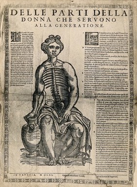 A fugitive sheet of a seated female figure, her hand resting on a vase, with her thorax and abdomen dissected to reveal the ribs, vertebral column and pelvis. Photograph after a woodcut, 1611.