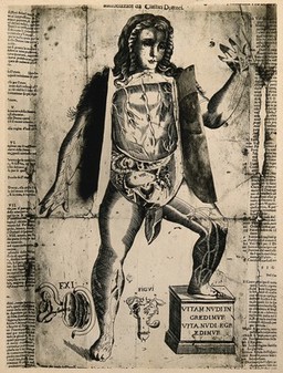 A female flap anatomy fugitive sheet, with layered flaps lifted to reveal the anatomy of the thorax and abdomen. Photograph of an engraving, 1683.