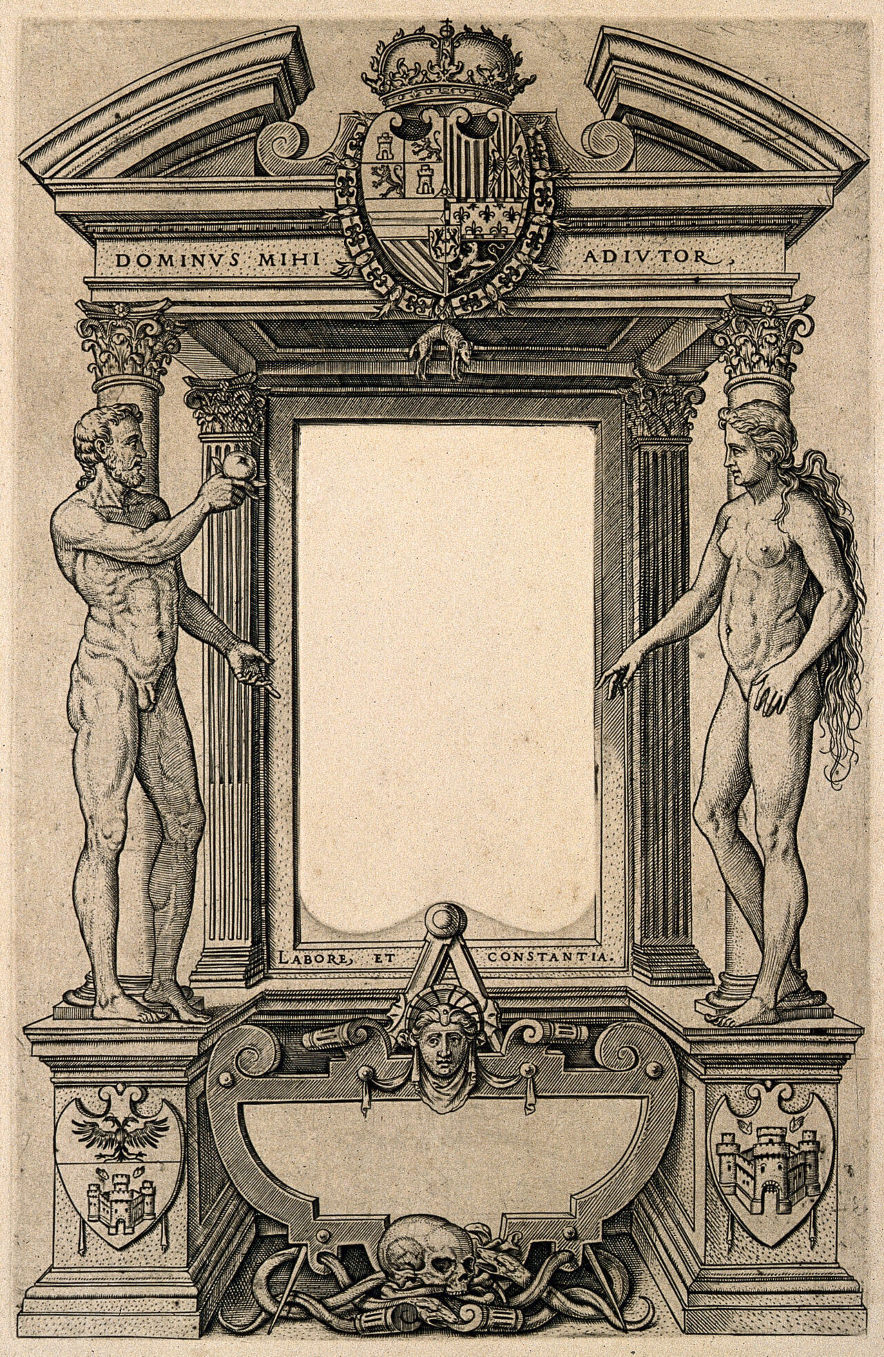 An architectural loggia of Corinthian columns and pilasters with Adam and Eve. Engraving by P. Huys after L. van Noort, 1568., by Lambert van Noort