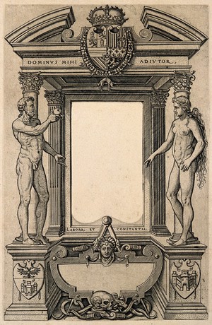 view An architectural loggia of Corinthian columns and pilasters with Adam and Eve. Engraving by P. Huys after L. van Noort, 1568.