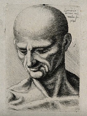 Bust of a lean male, looking down to his lower right. Etching by Wenceslaus Hollar after Leonardo da Vinci, 1648.