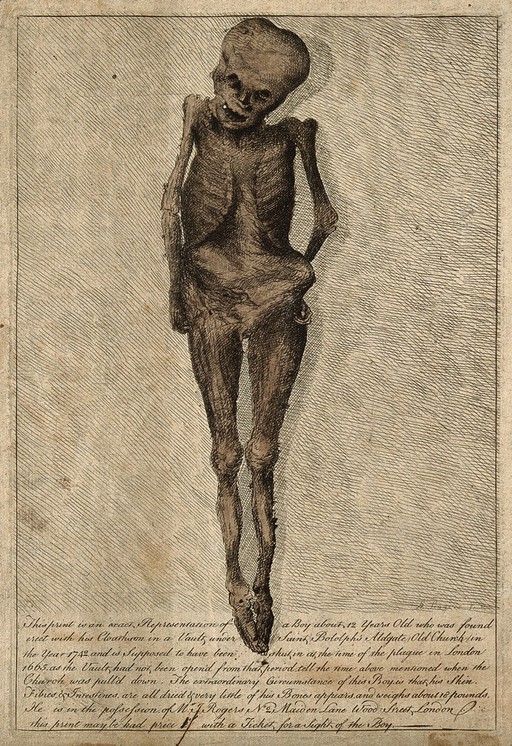 The desiccated corpse of a boy, about twelve years old, found in a vault under Saint Botolph's Aldgate Old Church in 1742. Coloured etching by H. Rogers, ca. 1742.
