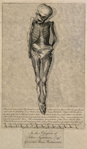 The desiccated corpse of a boy, about twelve years old, found in a vault under Saint Botolph's Aldgate old Church in 1742. Coloured etching by H. Rogers, ca. 178-.