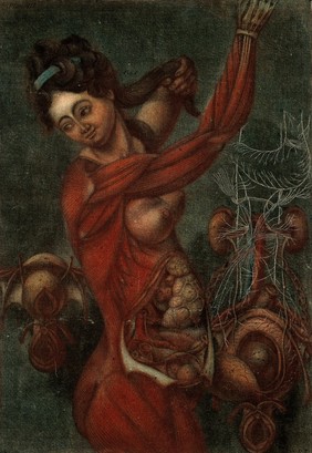 A woman with the muscles of her upper body and her viscera exposed. Colour mezzotint attributed to J.F. Gautier d'Agoty.