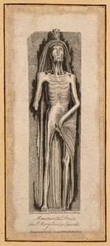 Monumental stone figure from St. Mary Overies Church: an emaciated figure partially wrapped in a shroud, front view. Engraving with etching by William Deeble, 1815.