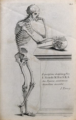 view A skeleton leaning on an inscribed tombstone, resting his right hand on a skull. Line engraving by J. Tinney, 1743, after A. Vesalius, 1543.