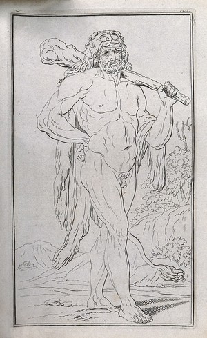 view Hercules (Heracles). Line engraving by J. Tinney, 1743.