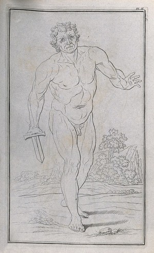 view A man with a dagger or foreshortened sword. Line engraving by J. Tinney, 1743.