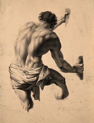 A man leaning to the right, gripping a tree trunk, seen from behind. Ink wash painting by C.E. Stölzel, 1820/1837(?).