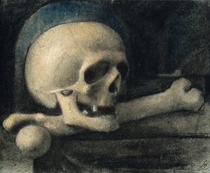 view Skull, resting on a femur, in sepulchral setting. Coloured chalk drawing, 18--(?).