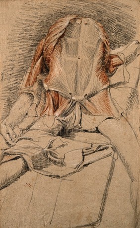 Écorché cadaver lying supine, front view, showing the muscles of the thorax. Black, white and red chalk drawing, by C. Landseer, ca. 1815.