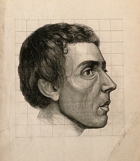 Head of a man seen in profile. Etching (?) with pencil amendments by A. von Perger, ca. 1850.