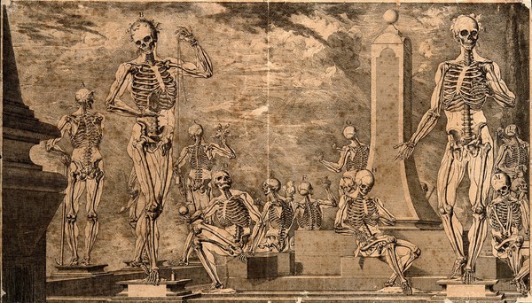 Fourteen human skeletons performing activities symbolic of life and death. Engraving, 1740 or 1780, after C. Martínez, ca. 1680 (?).