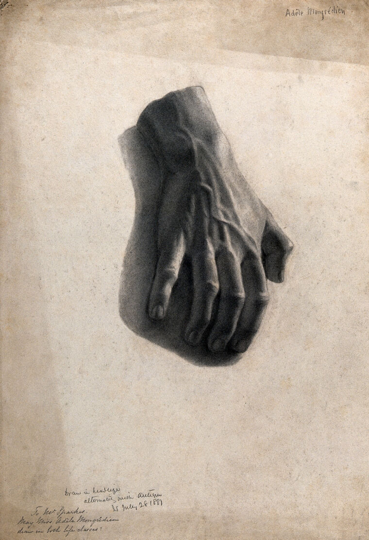 Study of a hand. Charcoal drawing by A. Mongrédien, 28 July 1881