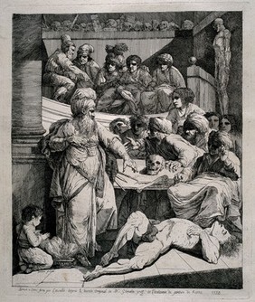 Ancients studying anatomy: an older man points to a male corpse on the floor, while other men observe and discuss. Etching by Lavalée after J. Gamelin, 1779.