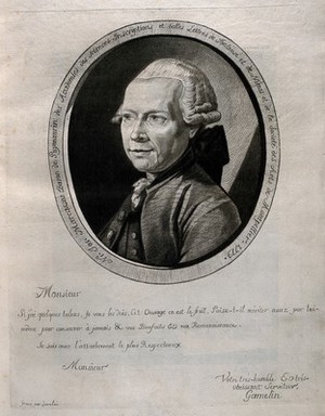 view Nicholas-Joseph Marcassus, Baron de Puymaurin (1718-1791): oval head and shoulders portrait. Crayon manner print by Lavalée after J. Gamelin, 1779.