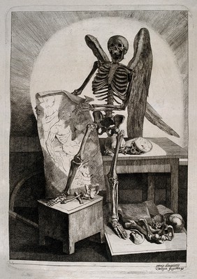 A winged skeleton holding a drawing of a seated model, with human bones and skulls on the table and floor beside him. Etching by or after J. Gamelin, 1778/9.