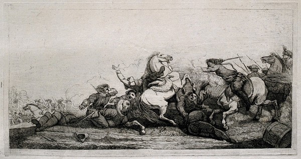 A battle scene, showing a soldier falling from his horse. Etching by or after J. Gamelin, 1778/1779.