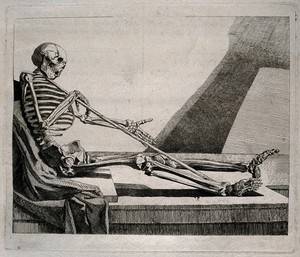 view A reclining skeleton, holding a staff, pulling himself out of his tomb. Etching by J. Gamelin after himself, 1778.