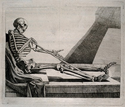 A reclining skeleton, holding a staff, pulling himself out of his tomb. Etching by J. Gamelin after himself, 1778.