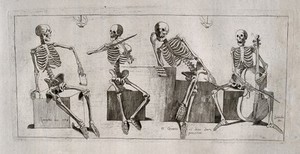 view Four skeletons with musical instruments, seated in various positions: one is singing, another holds a flute, while two others are shown playing the violin and cello. Etching by Lavalée after J. Gamelin, 1778.