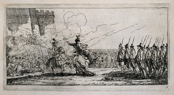 A battle scene: a general on horseback is seen rallying his troops and pointing to a fortress. Etching by J. Gamelin after himself, 1778.