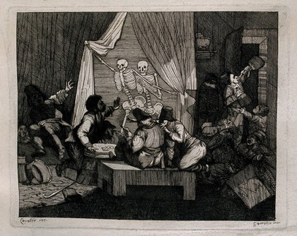 Two skeletons surprise a group of gamblers in an inn, by appearing suddenly from behind a curtain. Etching by Lavalée after J. Gamelin, 1778/1779.