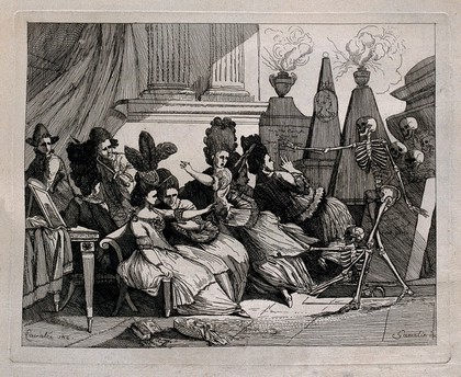 Skeletons approach a group of terrified, fashionably-dressed ladies and summon them to the cemetery. Etching by Lavalée after J. Gamelin, 1778/1779.