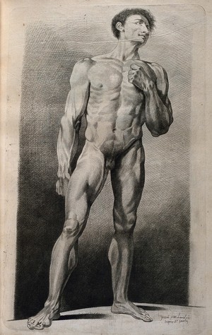 view A standing male nude. Crayon manner print by Lavalée after J. Gamelin, 1778/1779.