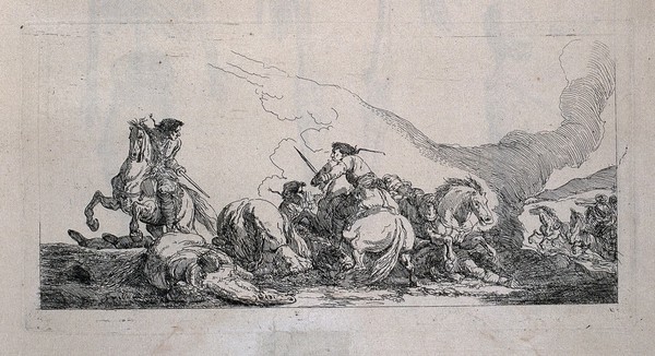 A battle scene: men are shown fighting on horseback. Etching by or after J. Gamelin, 1778/9.