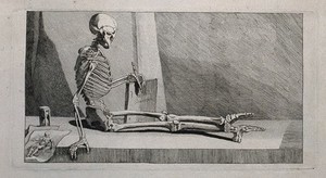 view A skeleton, seated on a ledge, writes 'Recueil D'anatomie' on the cover of a book: behind him is shown an anatomy drawing and an hour-glass. Etching by or after J. Gamelin, 1778/1779.