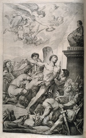 view The martyrdom of Saint Bartholomew. Crayon manner print by or after J. Gamelin, 1778/1779.