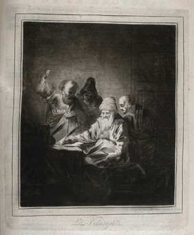 Four philosophers, writing and discussing in a study. Crayon manner print by Lavalée after J. Gamelin, 1778/1779.