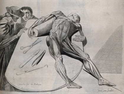 An écorché figure, lying supine on a dissecting table, observed by two students: four instruments of dissection, including a scalpel, forceps and scissors, are also shown resting on the table. Stipple print by Lavalée after J. Gamelin, 1778/1779.