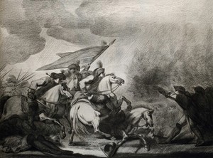 view A battle scene. Crayon manner print by Lavalée after J. Gamelin, 1778/1779.