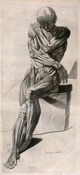 A seated écorché figure, shown with crossed arms and feet. Crayon manner print by Lavalée, after J. Gamelin, 1778/1779.