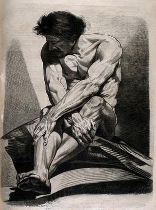 A seated male nude, with arms and legs crossed. Crayon manner print by Lavalée after J. Gamelin, 1779.