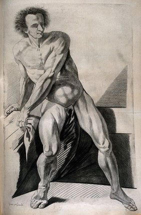 A standing male nude leaning to the left. Crayon manner print by Lavalée after J. Gamelin, 1778/1779.
