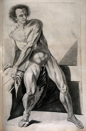 view A standing male nude leaning to the left. Crayon manner print by Lavalée after J. Gamelin, 1778/1779.