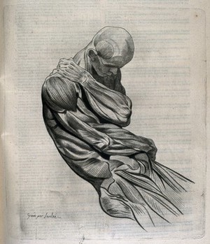 view A seated écorché figure, clasping its right shoulder with its left hand, as if in thought. Crayon manner print by Lavalée, after J. Gamelin, 1778/1779.