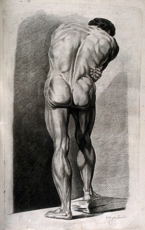 A standing male nude, seen from behind. Crayon manner print by Lavalée after J. Gamelin, 1778/1779.