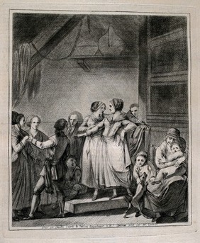 A tableau showing women, men and children, some of whom are wearing rustic costumes, in an interior setting. Crayon manner print by Lavalée after J. Gamelin, 1778/1779.
