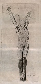 A crucified écorché figure. Crayon manner print by J. Gamelin after himself, 1778/1779.