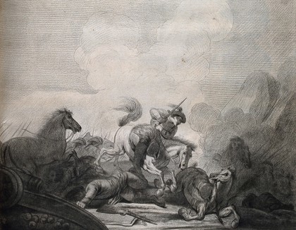 A battle scene: soldiers are shown fighting on horseback, with a cannon and ammunition seen in the foreground. Crayon manner print by or after J. Gamelin, 1778/1779.